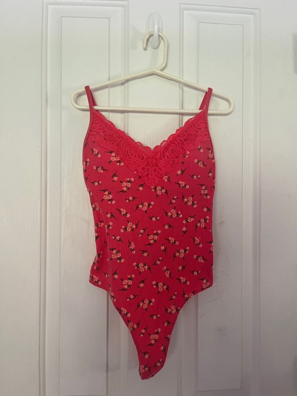 PINK Victoria's Secret Coral Floral Lace-Trim Bodysuit